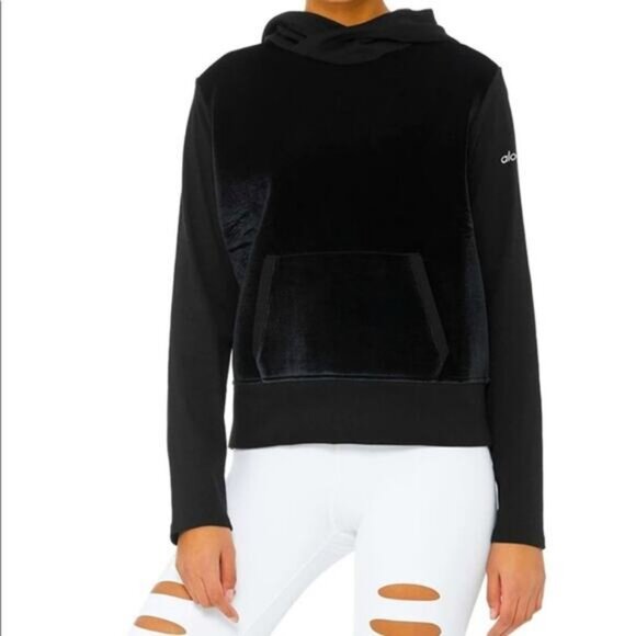NWT ALO YOGA Luxe Long Sleeve Velour Hoodie Sweatshirt Size XS In Black - Picture 1 of 8